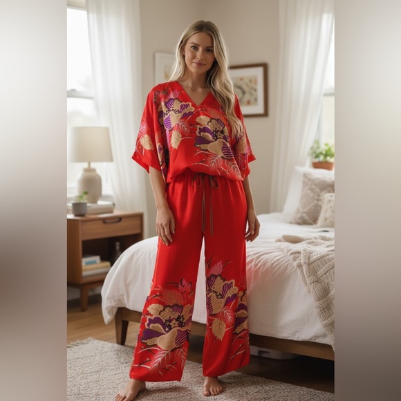 Natori Other - Natori Pajama Set | Women’s Size L | Red Floral Asian-Inspired Print